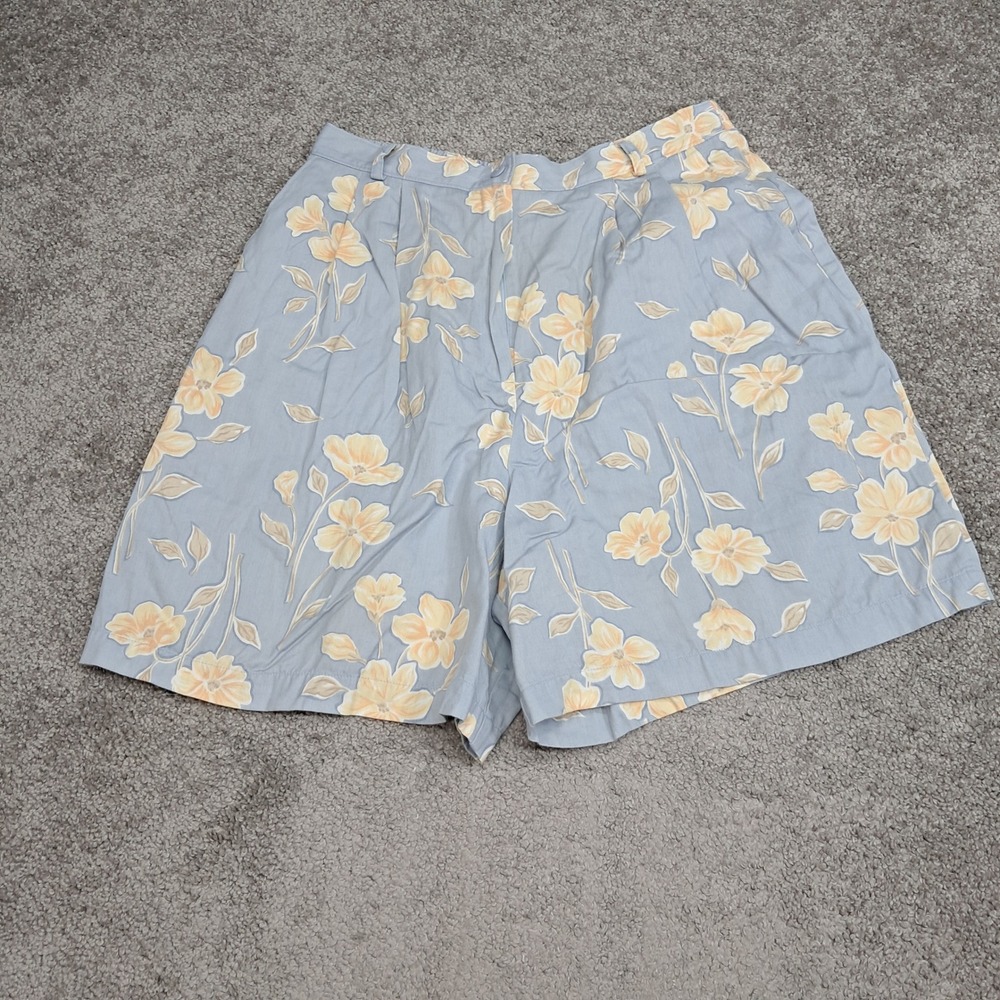 Jaclyn Smith Sport Blue Yellow Floral Cotton High Rise Pleated Shorts Size 16